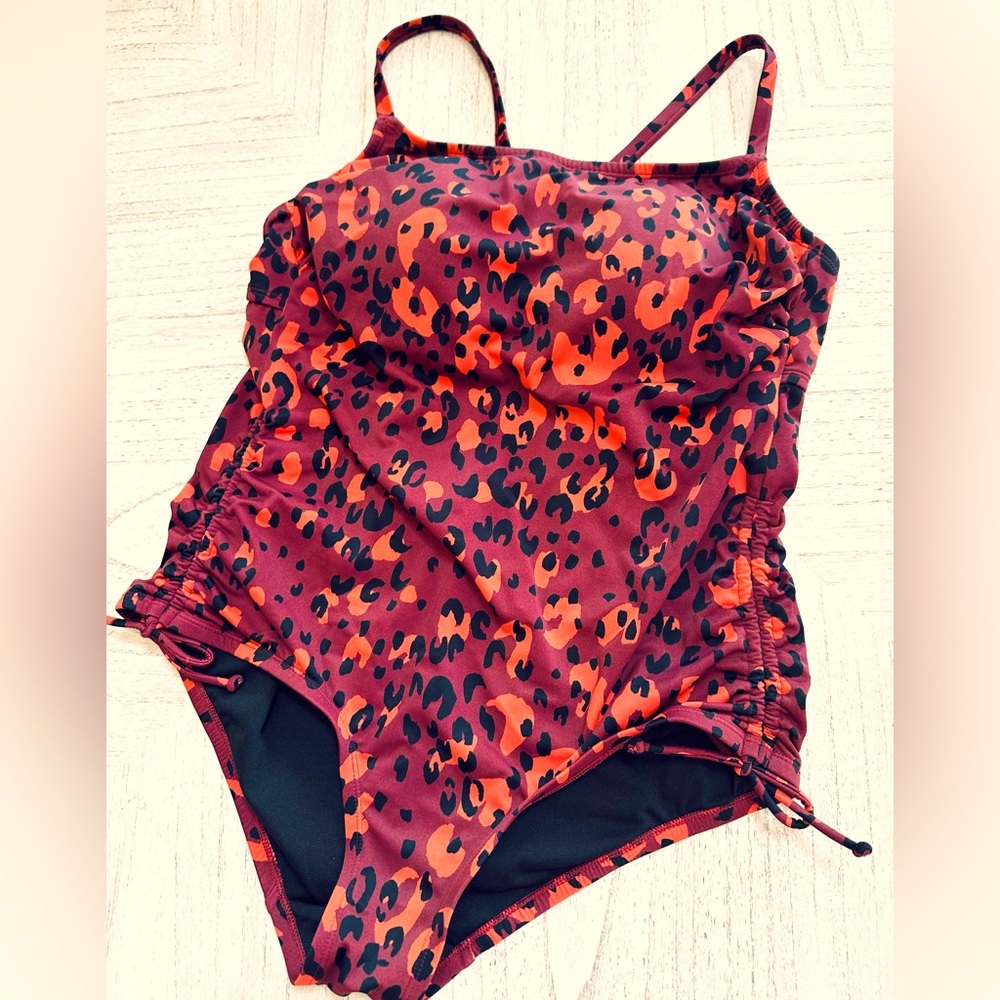 Beach Betty swimsuit, red leopard one piece, size 1x, EUC
